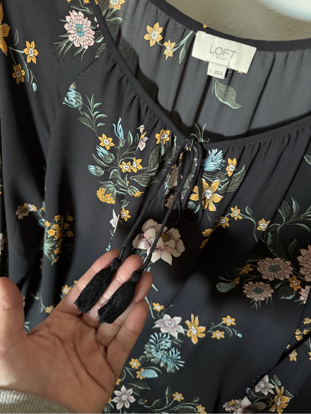 LOFT Black Floral Tie-Neck Blouse - Picture 7 of 9